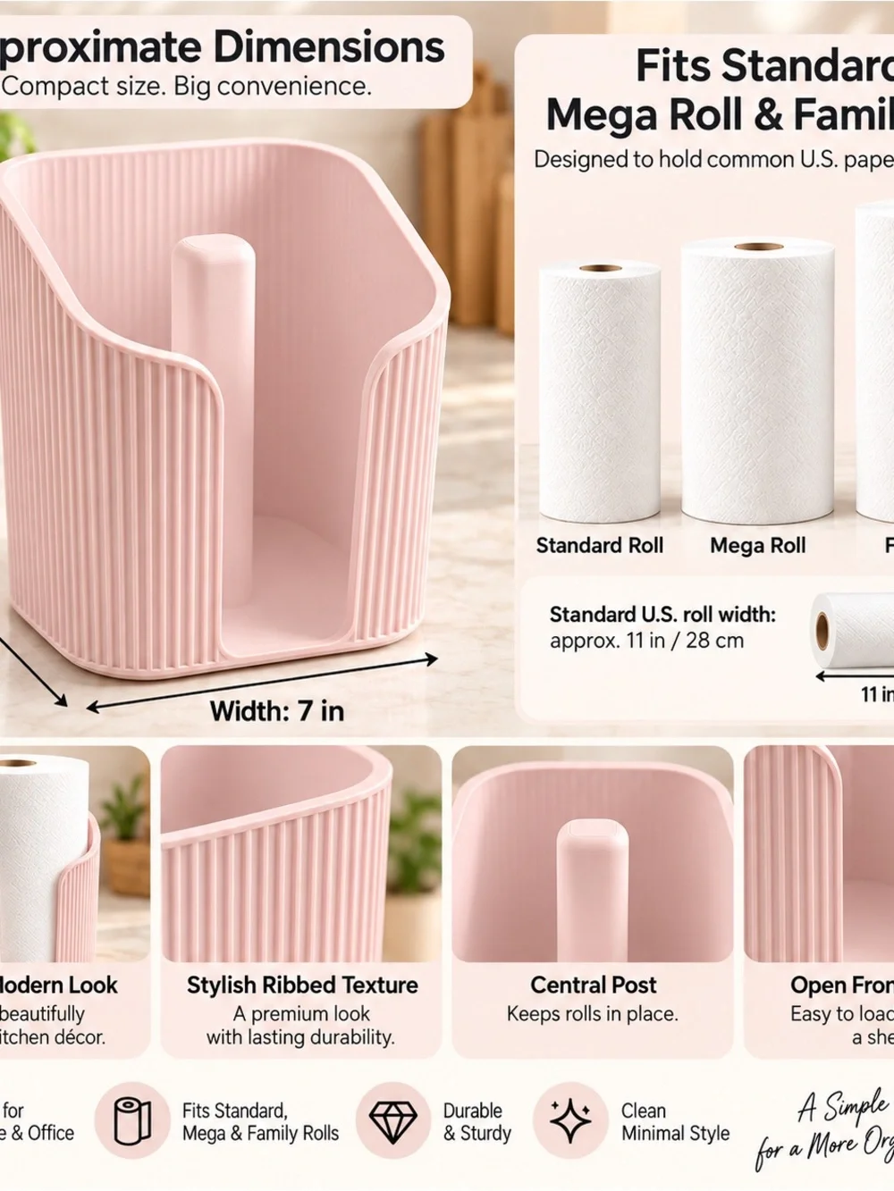 Pink Paper Towel Holder with Vertical Ribbed Design